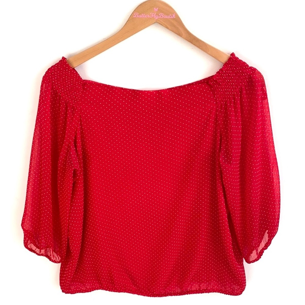New York & Co. Red & White polkadot 3/4 Sleeve Boatneck Blouse, Size M